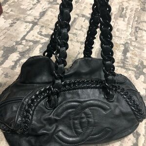 CHANEL CC HANDBAGS Black LEATHER&PLASTIC CHAIN SHOULDER STRAP TOTE BOWLING BAG